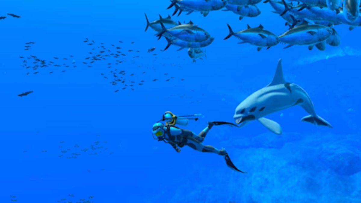 A diver swimming toward a dolphin surrounded by a school of fish in Endless Ocean Luminous