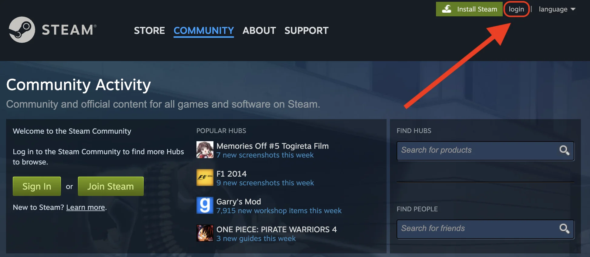 Steam login page