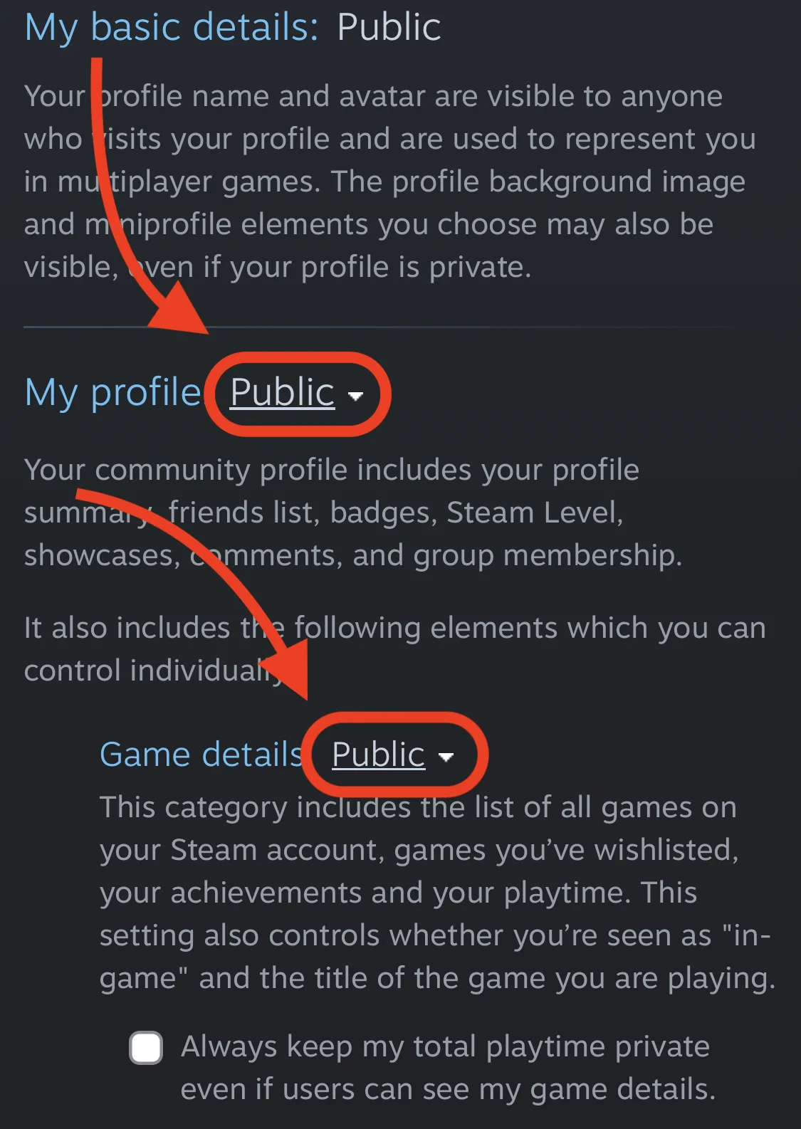 Steam mobile visibility settings