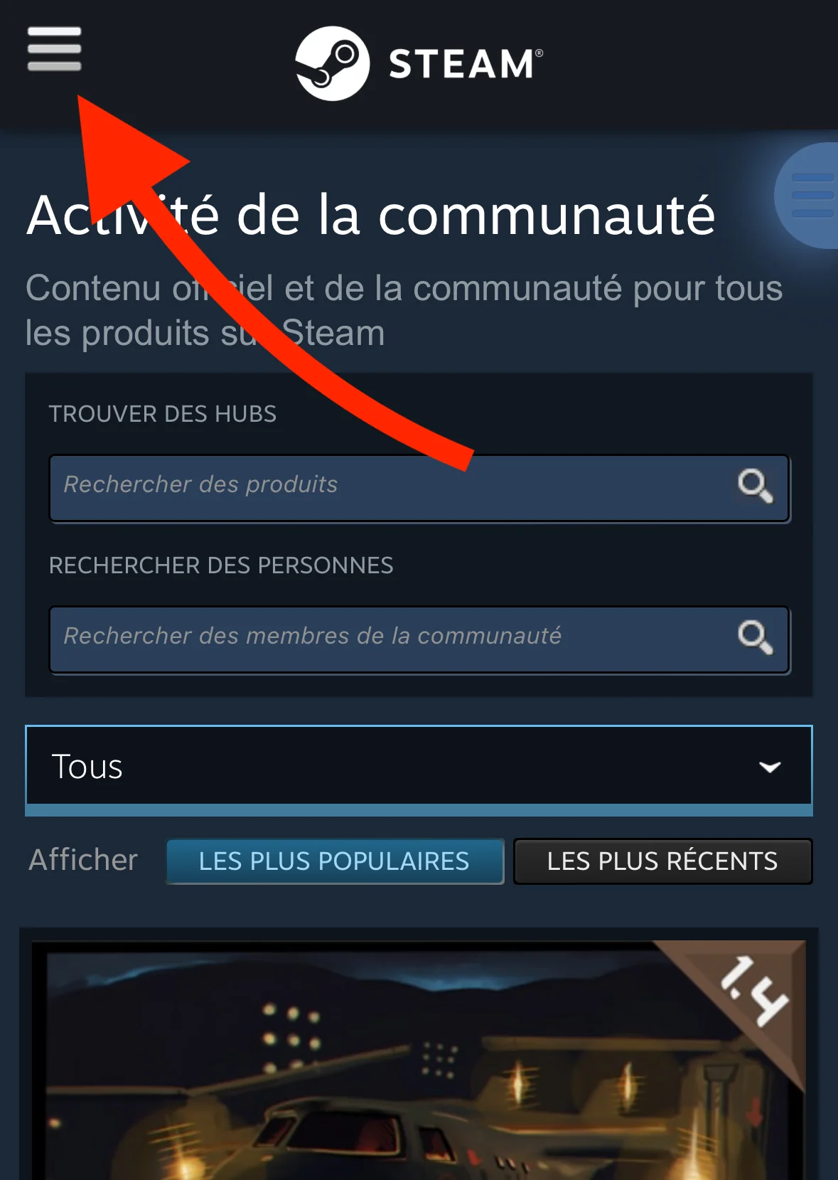 Menu du site mobile Steam